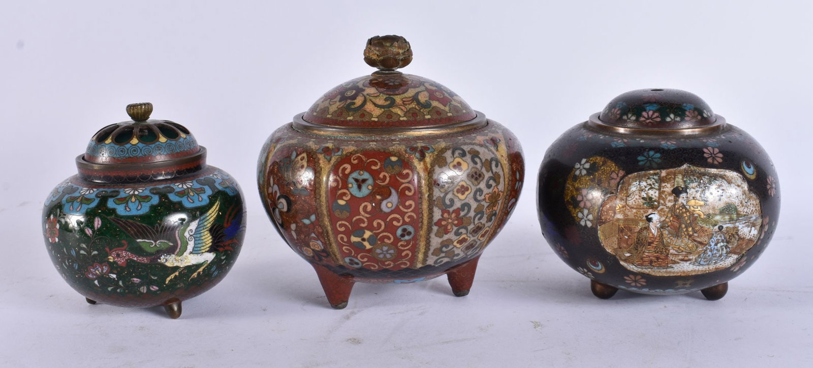 THREE LATE 19TH CENTURY JAPANESE MEIJI PERIOD CLOISONNE ENAMEL KOROS. Largest 10.5 cm wide. (3) (1 of 4)