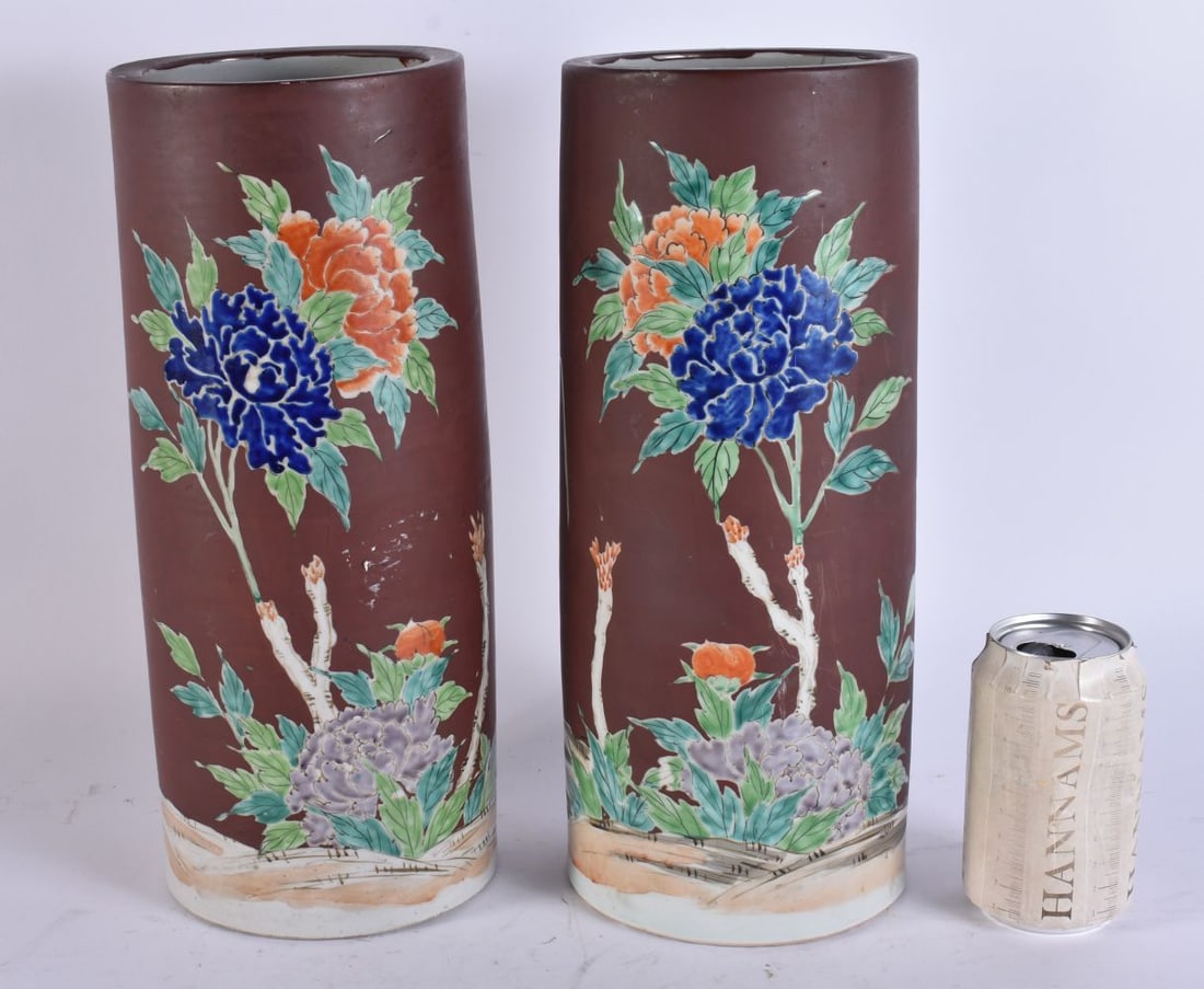 A PAIR OF LATE 19TH CENTURY JAPANESE MEIJI PERIOD KUTANI PORCELAIN VASES painted with flowers. 34 cm: A PAIR OF LATE 19TH CENTURY JAPANESE MEIJI PERIOD KUTANI PORCELAIN VASES painted with flowers. 34 cm high.