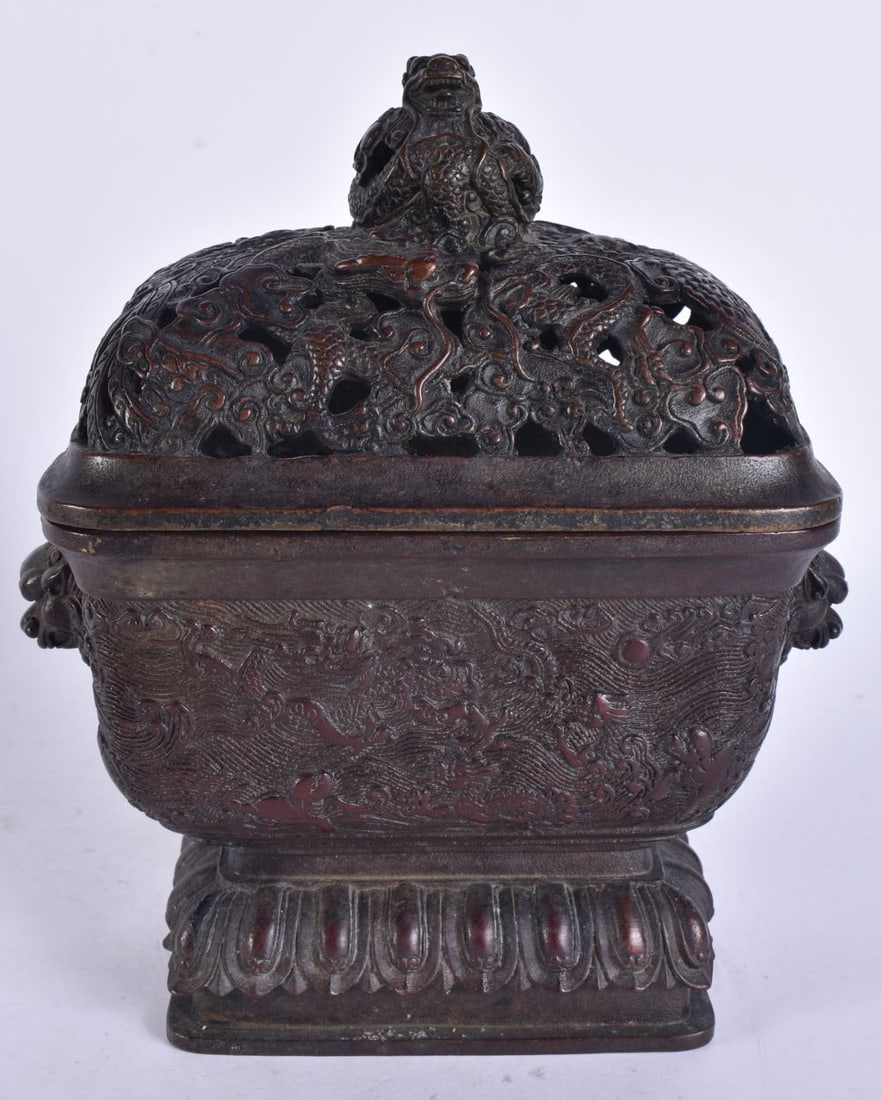 A CHINESE BRONZE RETICULATED BRONZE CENSER AND COVER. 19 cm x 12 cm. (1 of 6)