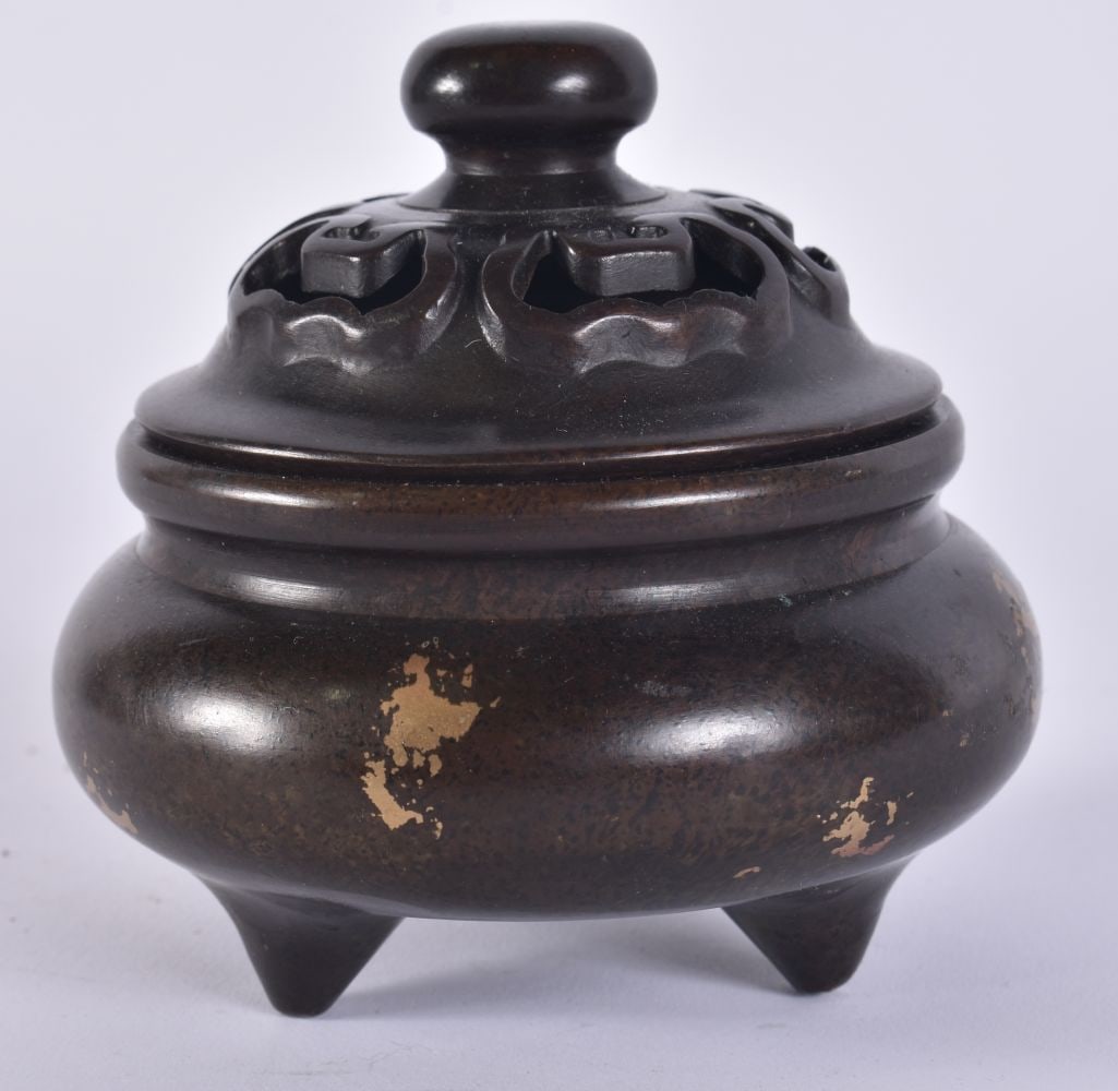 A CHINESE GOLD SPLASH BRONZE CENSER. 9 cm wide. (1 of 5)