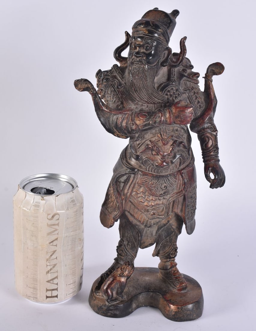 A CHINESE LACQUERED BRONZE FIGURE OF A WARRIOR. 29 cm high. (1 of 5)