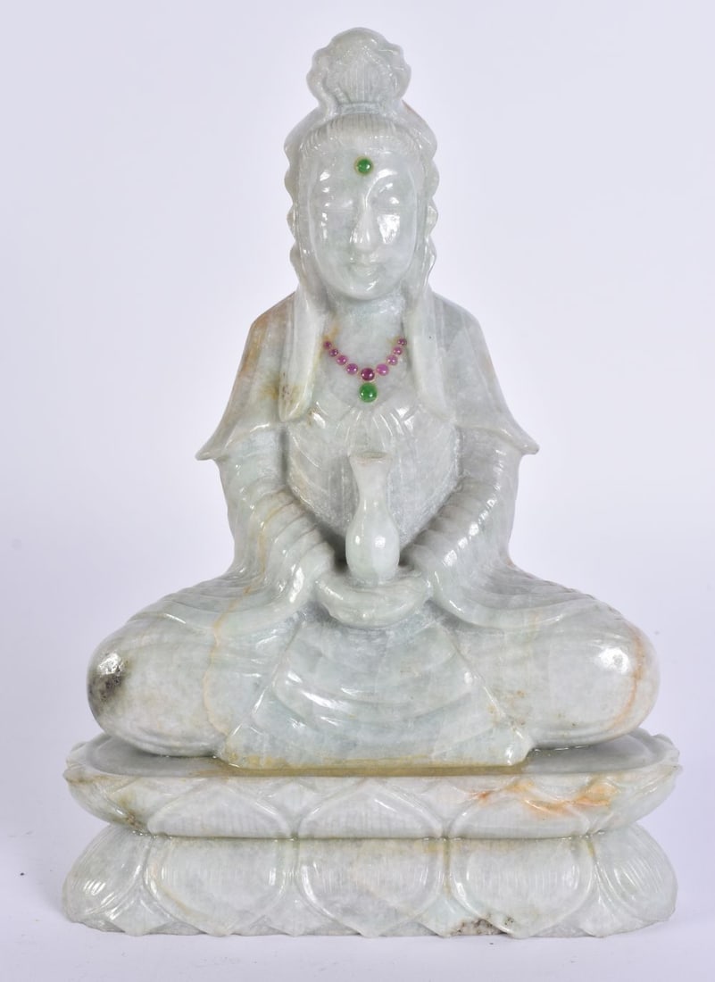 AN EARLY 20TH CENTURY CHINESE CARVED JADE FIGURE OF AN IMMORTAL Late Qing/Republic. 21 cm x 12 cm. (1 of 5)