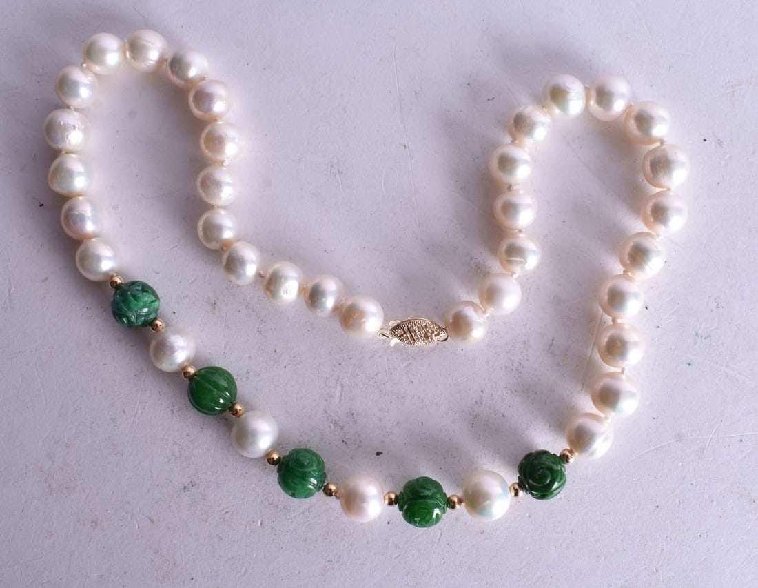A Pearl and Hardstone Bead Necklace with a 14 Carat Gold Clasp. Stamped 14K, Bead Size 8mm (1 of 3)