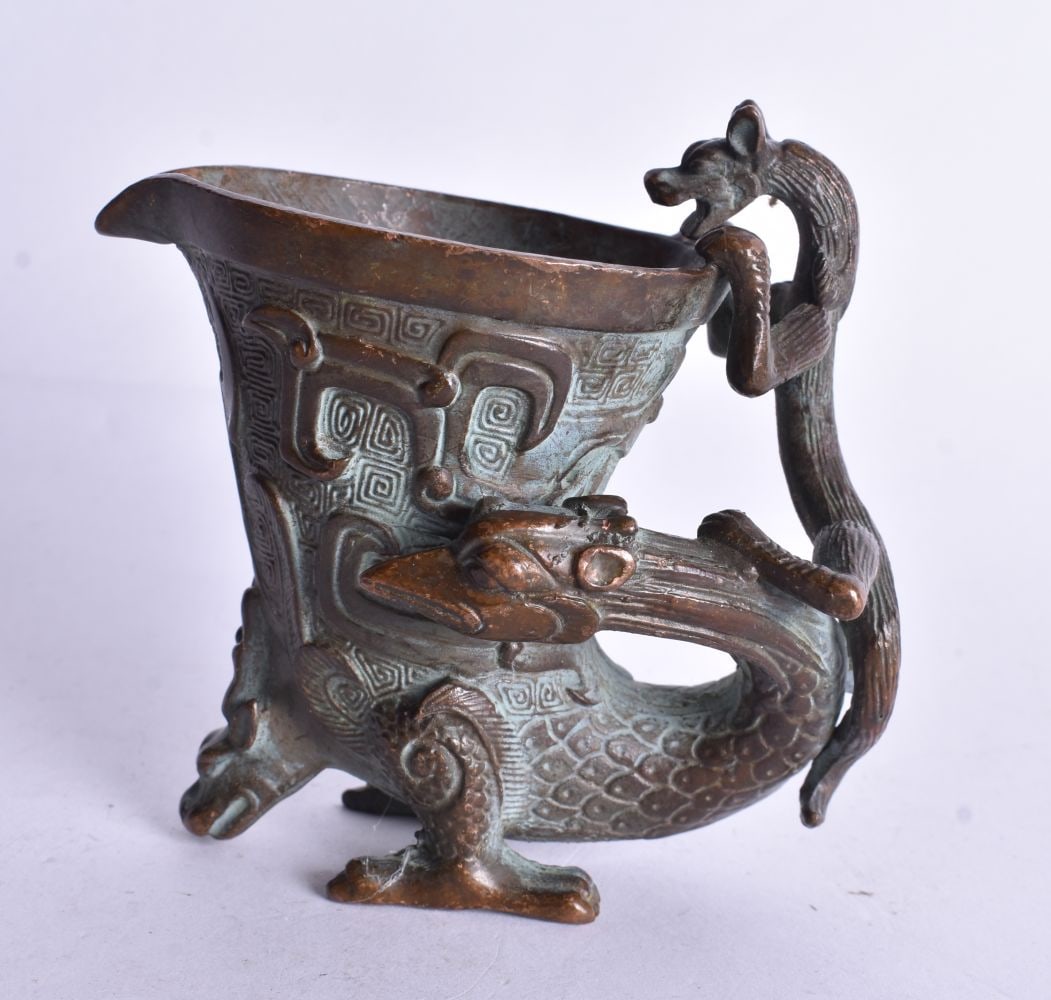 A Chinese Bronze Libation Cup. Chinese Mars on Base. 8cm x 5cm x 8cm (1 of 5)