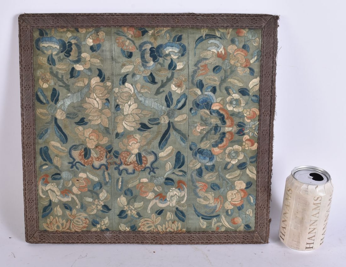 A 19TH CENTURY CHINESE SILK EMBROIDERED PANEL Late Qing. 36 cm square. (1 of 6)