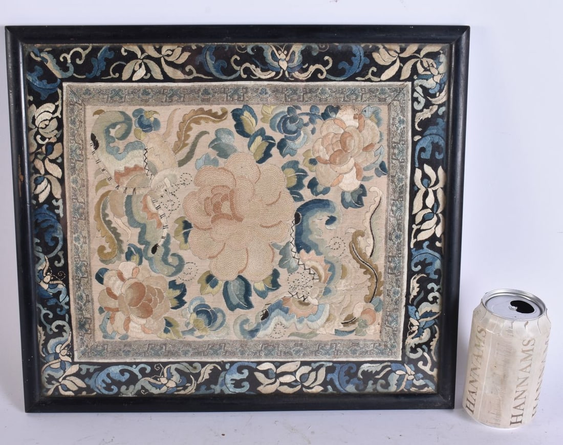 A 19TH CENTURY CHINESE SILK EMBROIDERED PANEL Late Qing. 36 cm square. (1 of 5)