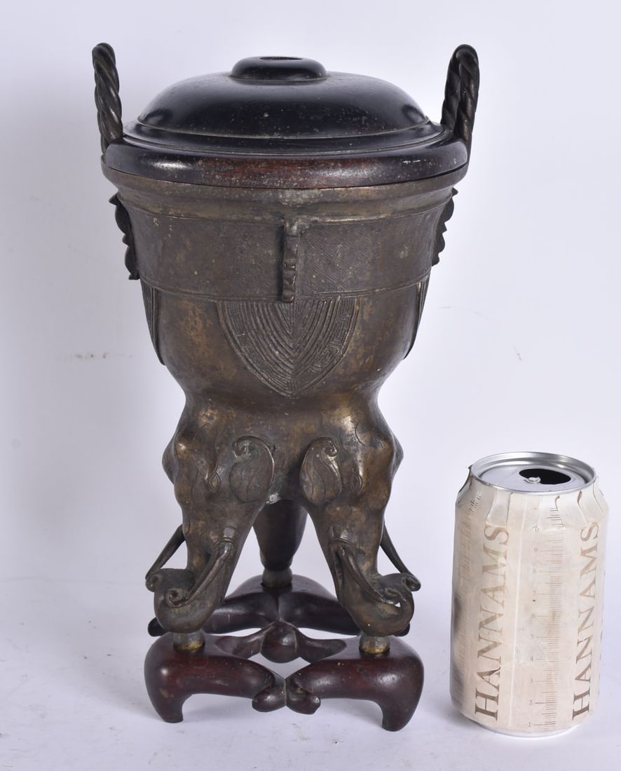 A RARE 17TH/18TH CENTURY CHINESE TWIN HANDLED BRONZE CENSER AND COVER Late Ming/Qing, formed with mo (1 of 13)