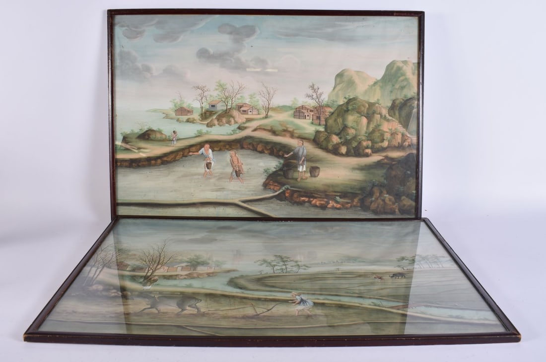 Chinese School (19th Century) Pair, Watercolours, Landscapes. 62 cm x 40 cm. (1 of 9)