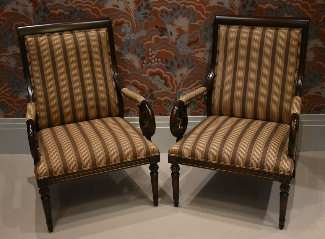 A PAIR OF REGENCY STYLE LIBRARY CHAIRS with upholstered seats. 105 cm x 64 cm. (1 of 9)