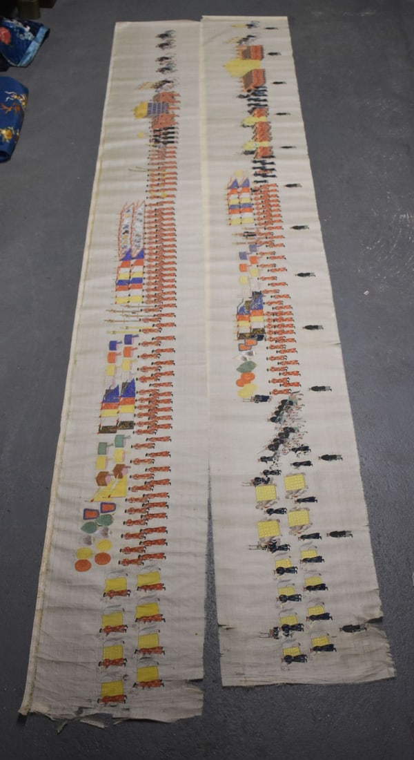 A PAIR OF LATE 19TH CENTURY CHINESE SILK PAINTED SCROLLS. 215cm (2) (1 of 7)