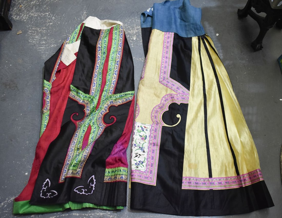 TWO LATE 19TH CENTURY CHINESE SILK EMBROIDERED SILK SKIRTS Late Qing. Largest 100 cm x 124 cm. (2) (1 of 6)