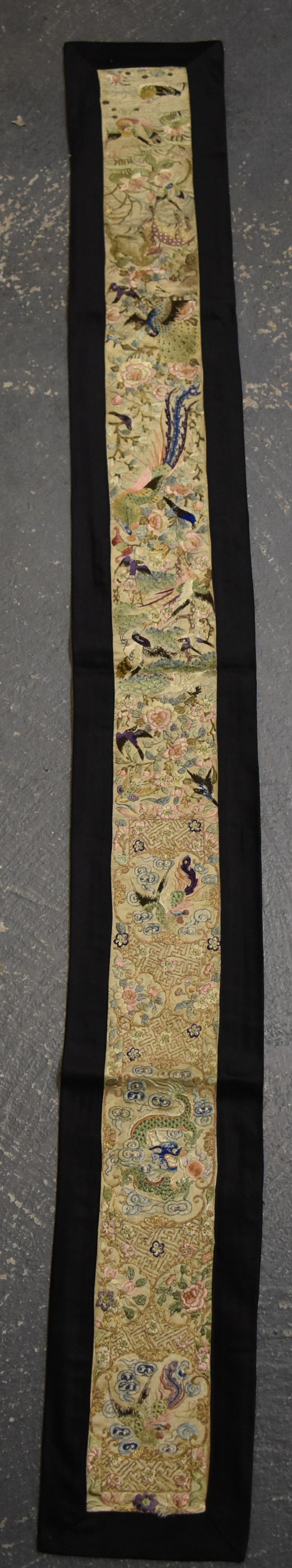 A LATE 19TH CENTURY CHINESE SILK EMBROIDERED RECTANGULAR PANEL Late Qing. 124 cm x 14 cm. (1 of 5)