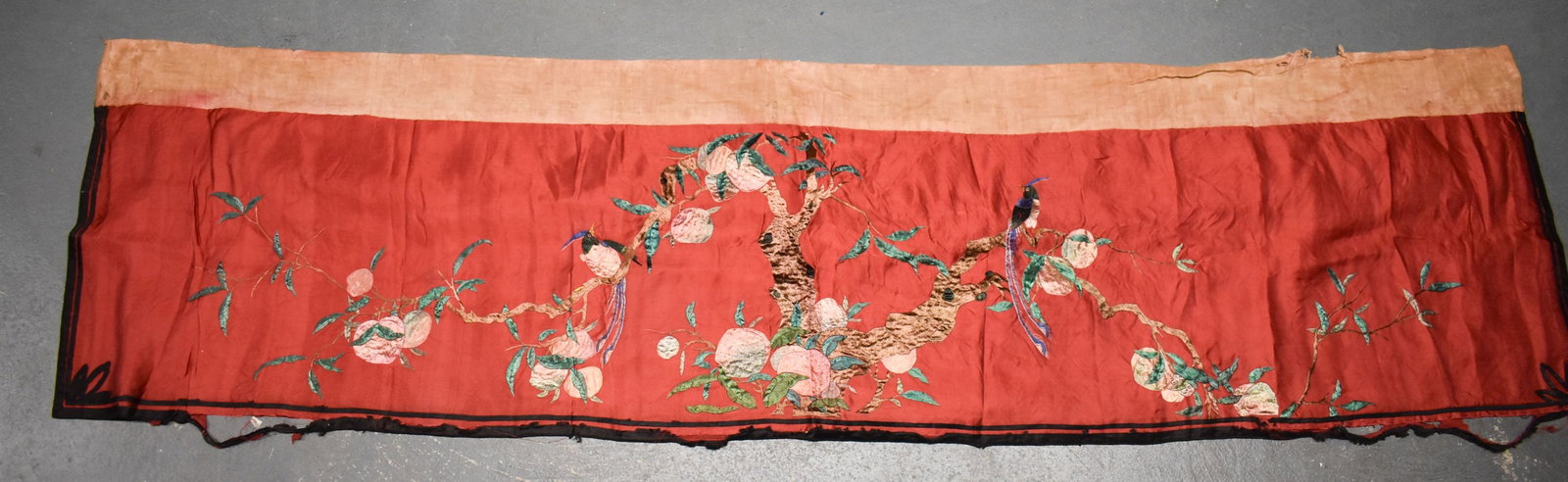 A LATE 19TH CENTURY CHINESE RED EMBROIDERED SILK PEACH PANEL Late Qing. 180 cm x 45 cm. (1 of 5)