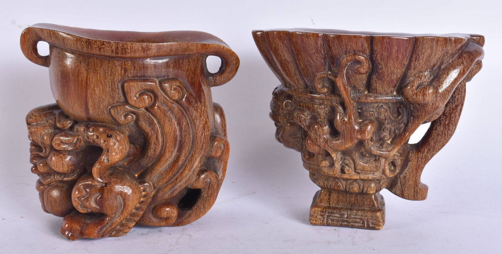 TWO CHINESE HORN TYPE LIBATION CUPS. 13 cm x 13 cm. (1 of 5)