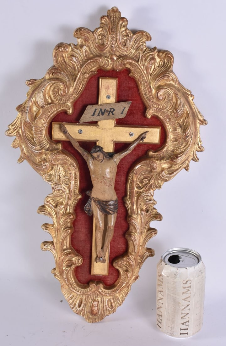 AN ANTIQUE ITALIAN CARVED WOOD ROCOCO CRUCIFIX. 45 cm x 25 cm. (1 of 4)