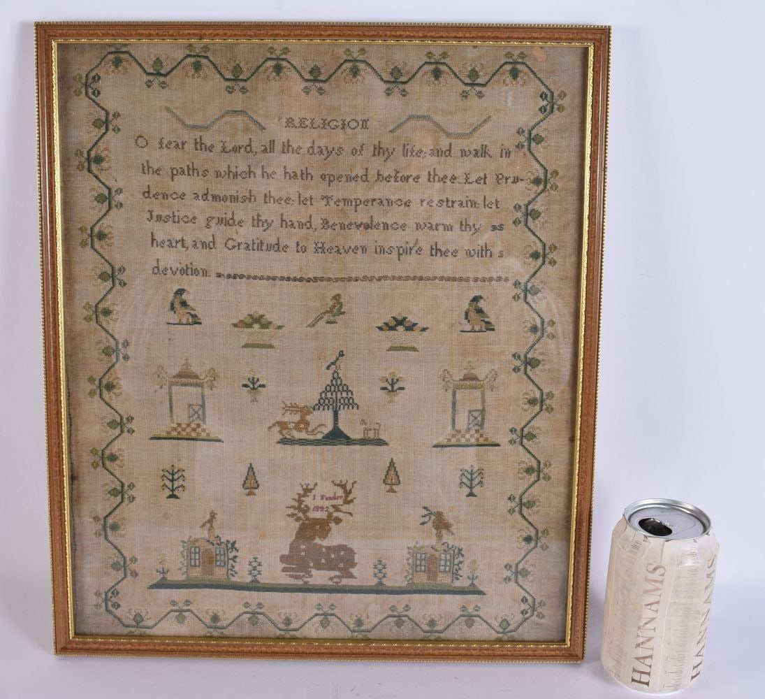 A MID 19TH CENTURY FRAMED AND EMBROIDERED SAMPLER. 42 cm x 34 cm. (1 of 5)