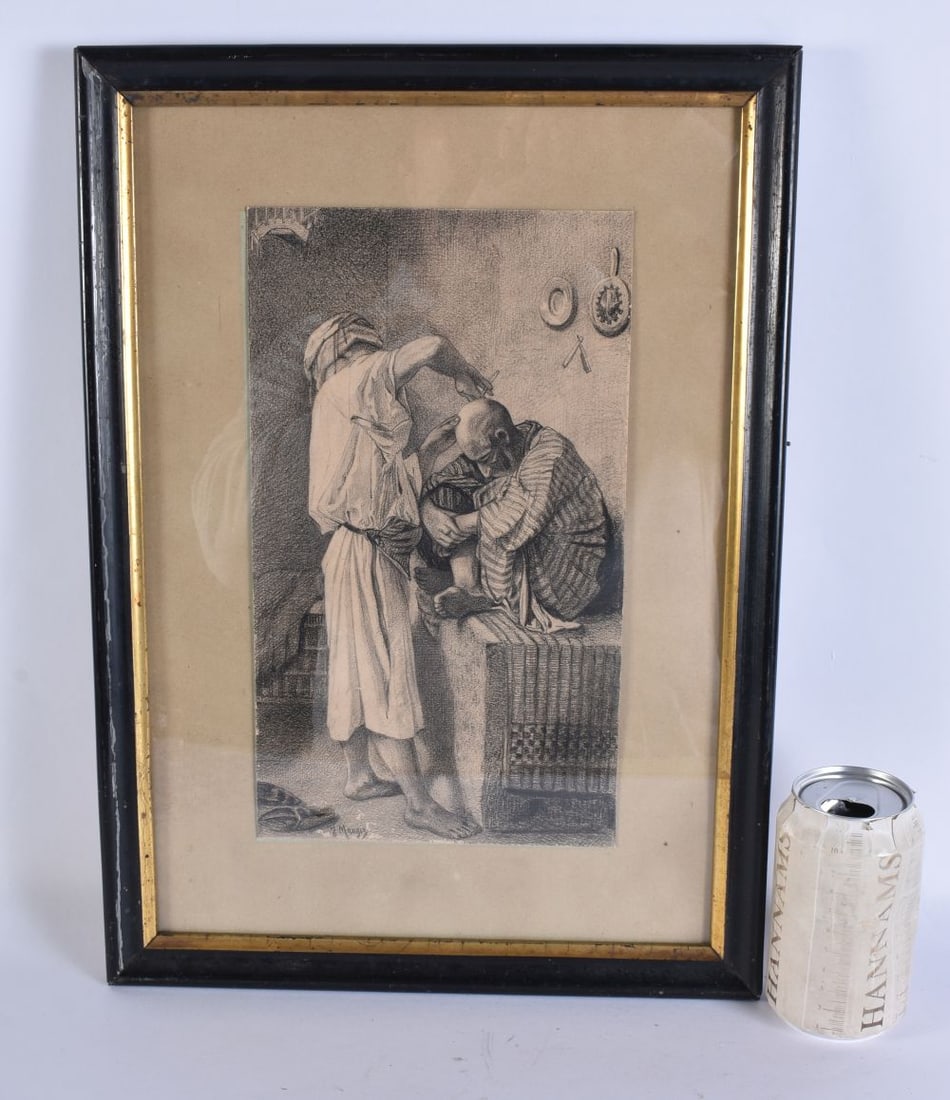 AN UNUSUAL ANTIQUE ORIENTALIST SKETCH OF A BARBER. 44 cm x 28 cm, image 29 cm x 16 cm. (1 of 5)