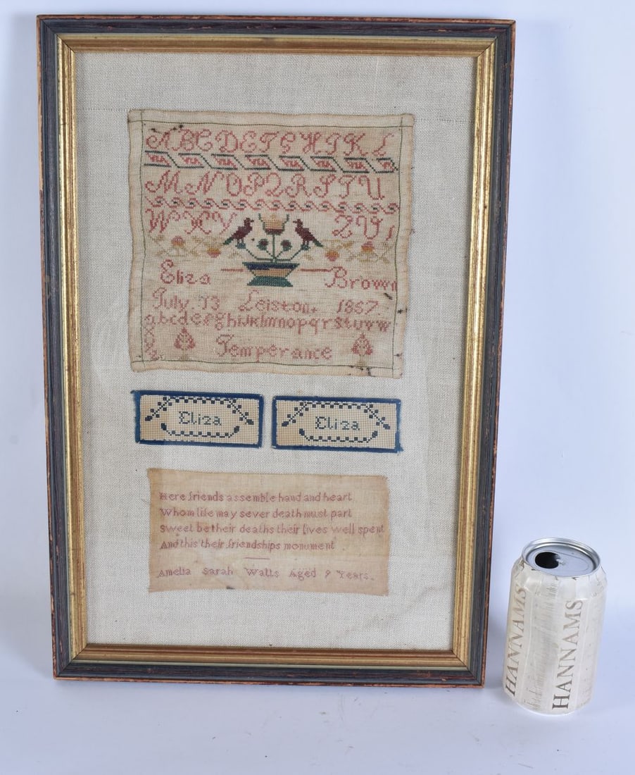 AN UNUSUAL ANTIQUE DOUBLE EMBROIDERED SAMPLER. 48 cm x 28 cm. (1 of 5)