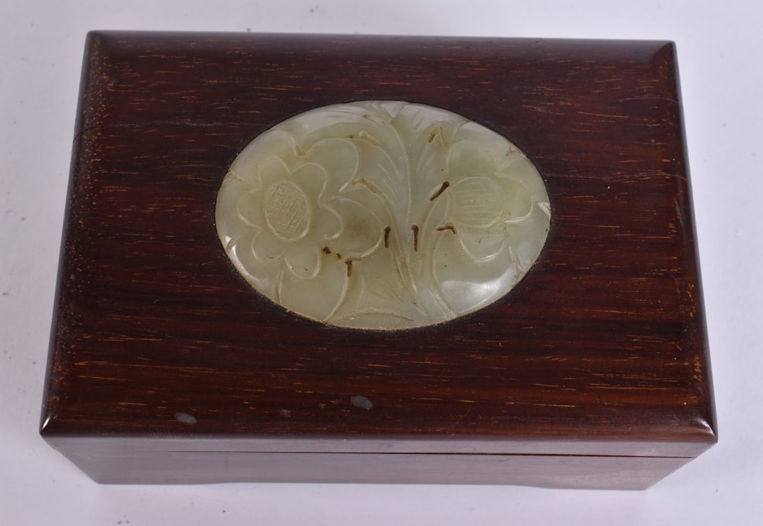 A 19TH CENTURY CHINESE HARDWOOD JADE INSET BOX AND COVER Late Qing. 13 cm x 9 cm, jade 7 cm. (1 of 6)