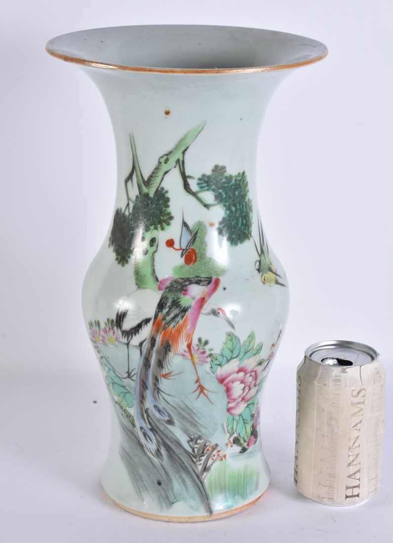 A CHINESE REPUBLICAN PERIOD PORCELAIN GU FORM VASE painted with birds. 33.5 cm high. (1 of 6)