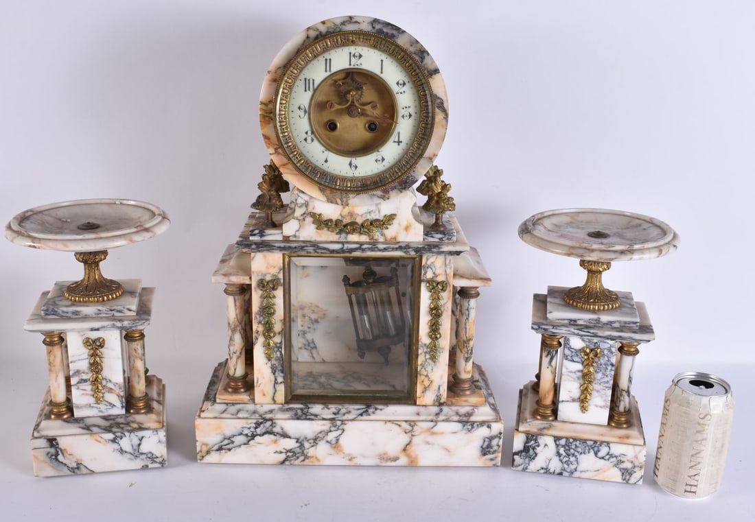 A LARGE ANTIQUE MARBLE CLOCK SET. Clock 45 cm x 30 cm. (3) (1 of 5)