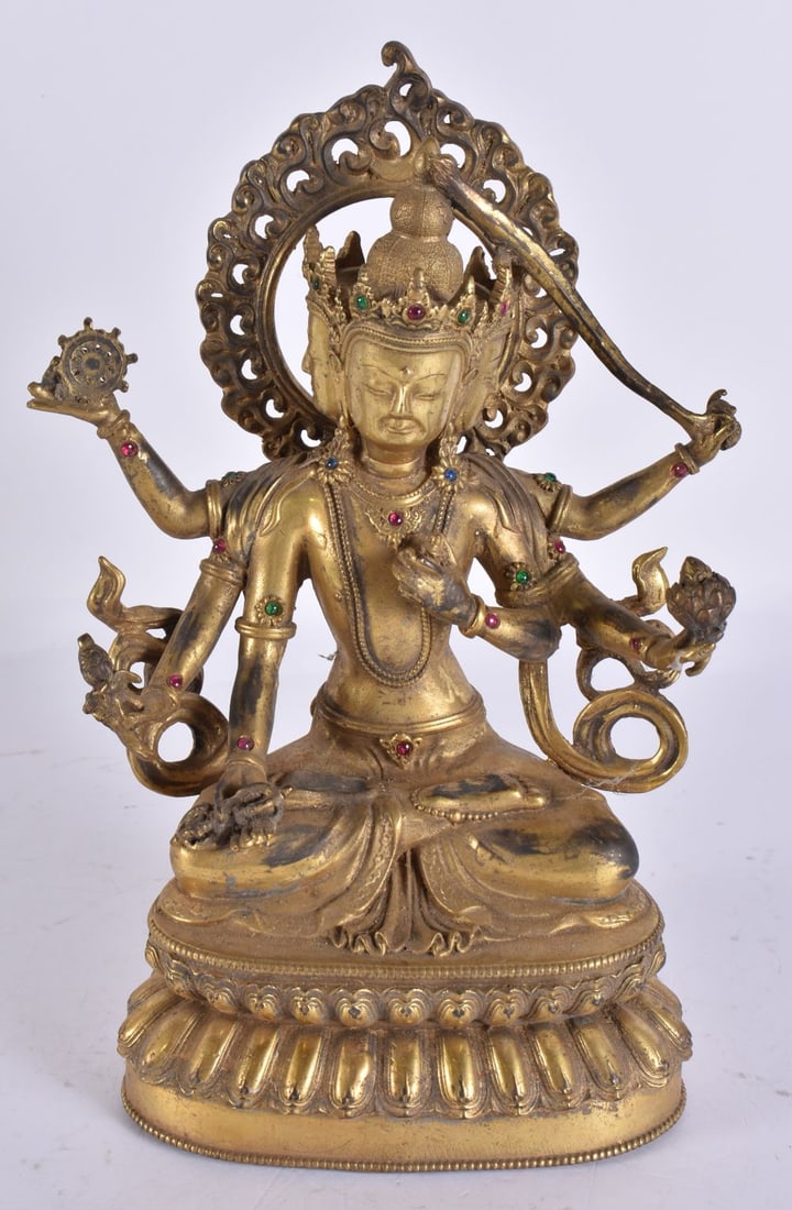 A CHINESE TIBETAN GILT BRONZE BUDDHA. 22 cm x 14 cm. (1 of 6)
