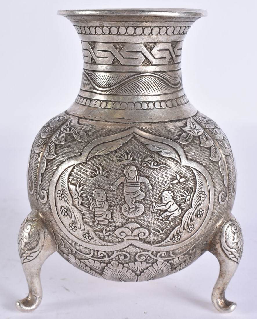 A CHINESE SILVERED BRONZE CENSER. 13.5 cm high. (1 of 5)