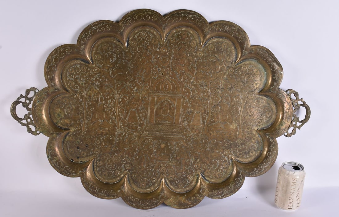 A LARGE ANTIQUE INDIAN ISLAMIC TWIN HANDLED TRAY. 75 cm x 45 cm. (1 of 5)