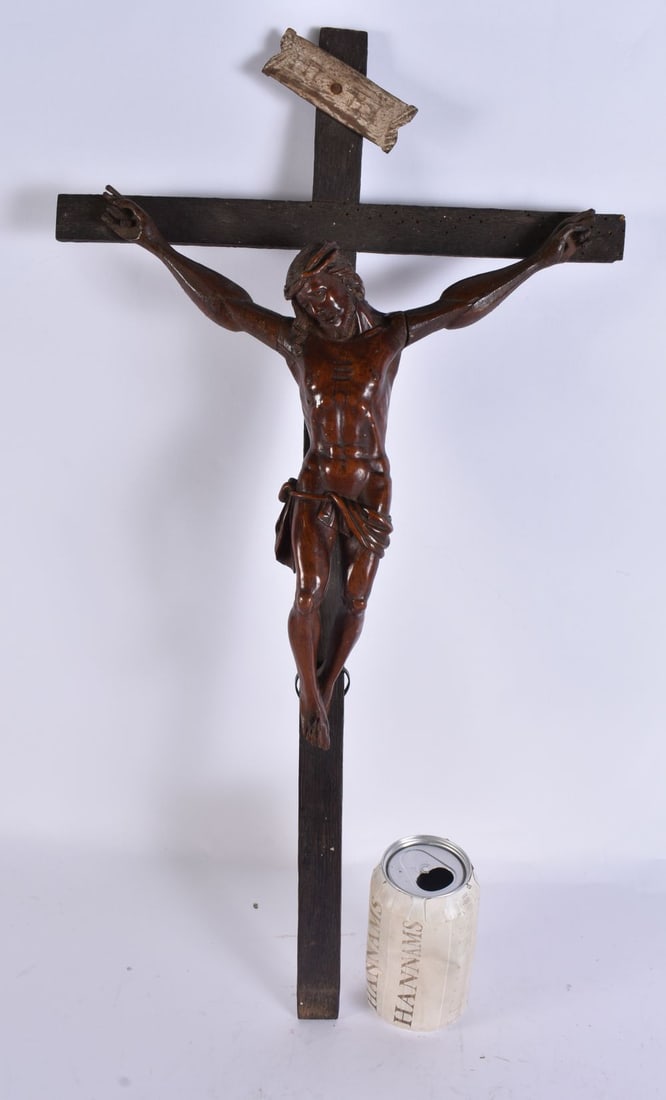 AN 18TH CENTURY EUROPEAN FRUITWOOD CRUCIFIX. 58 cm x 28 cm. (1 of 4)
