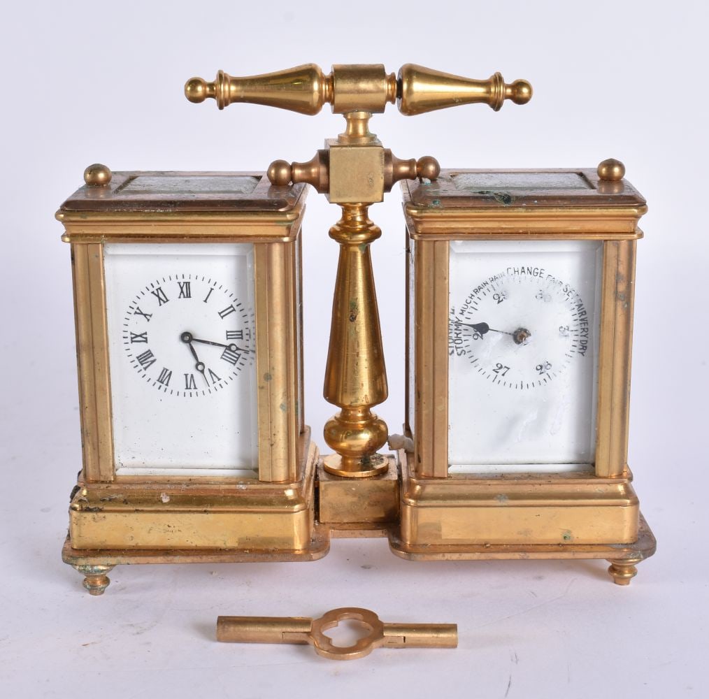 A DOUBLE CLOCK BAROMETER CLOCK. 12 cm x 10 cm. (1 of 7)