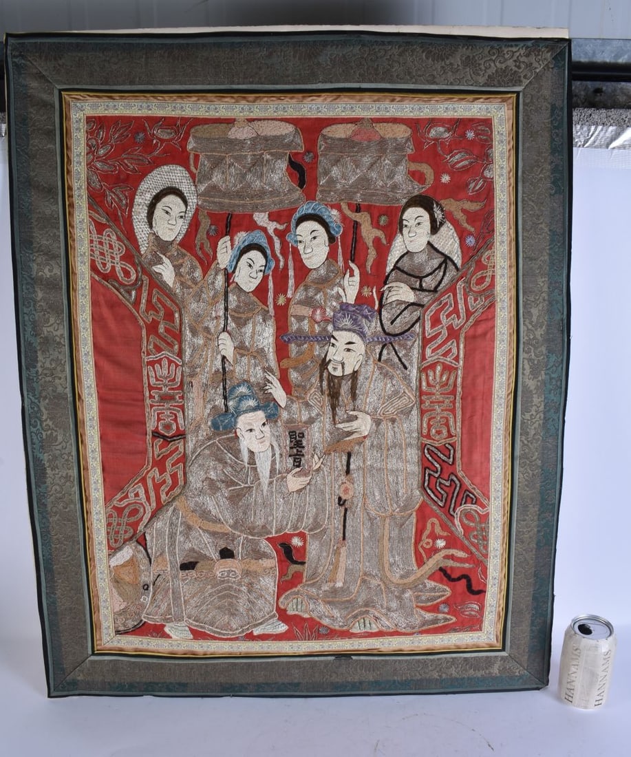 A LATE 19TH CENTURY CHINESE RED SILK WORK EMBROIDERED IMMORTALS PANEL Late Qing. 86 cm x 66 cm. (1 of 5)