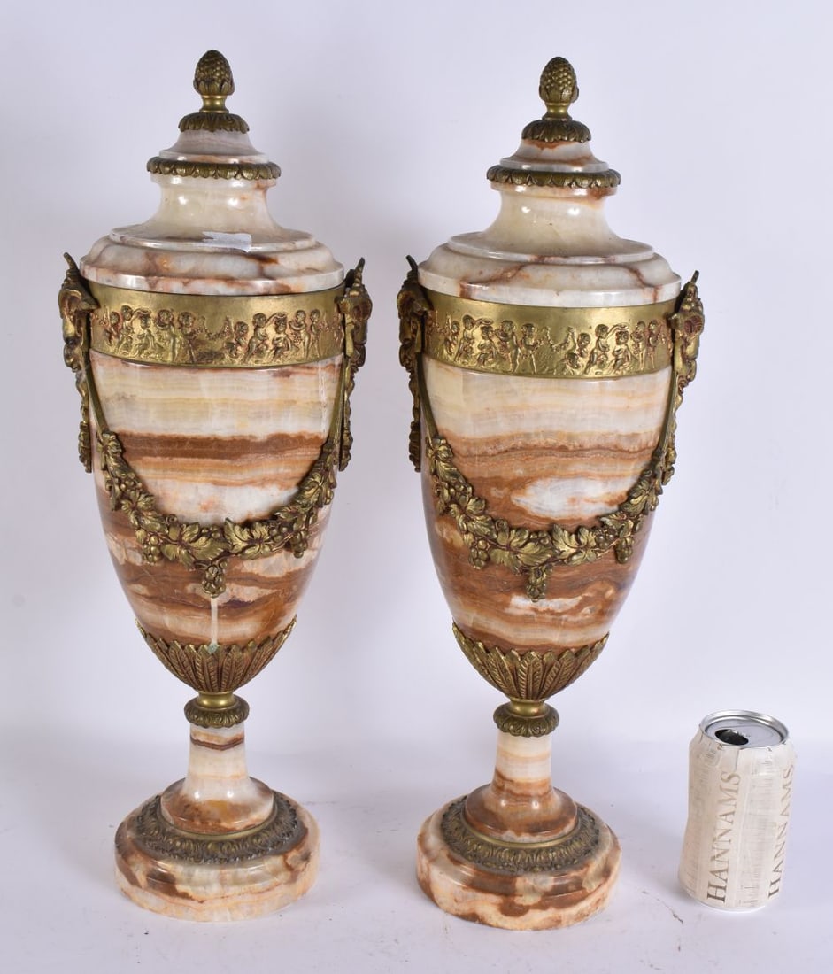 A LARGE PAIR OF ANTIQUE MARBLE AND ORMOLU URNS. 49 cm high. (1 of 5)