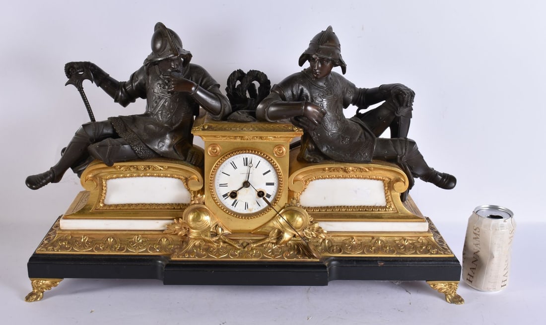 A LARGE 19TH CENTURY FRENCH BRONZE AND MARBLE DOUBLE SOLDIER CLOCK. 58 cm x 36 cm. (1 of 5)