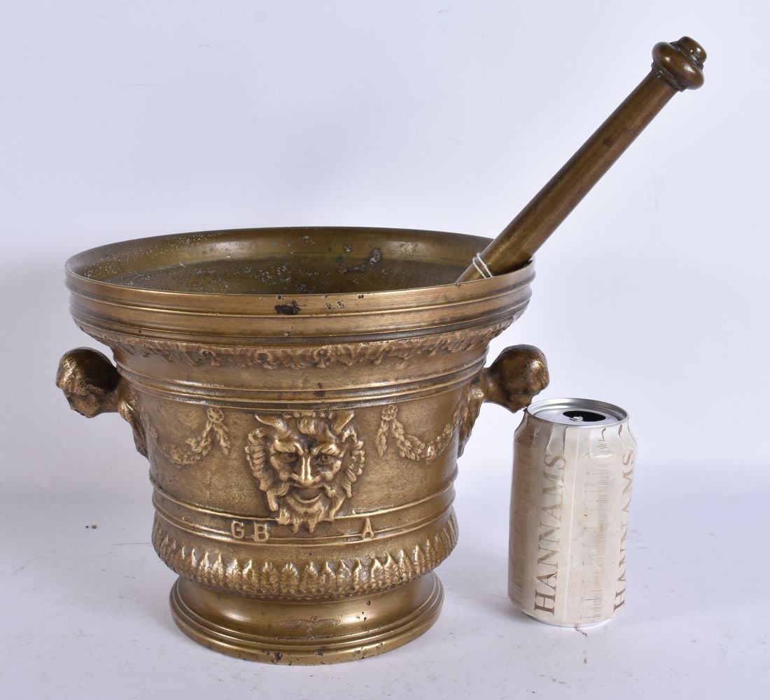 A MONUMENTAL 19TH CENTURY BRONZE APOTHECARY PESTLE AND MORTAR with inscription. Mortar 20 cm x 24 cm (1 of 6)