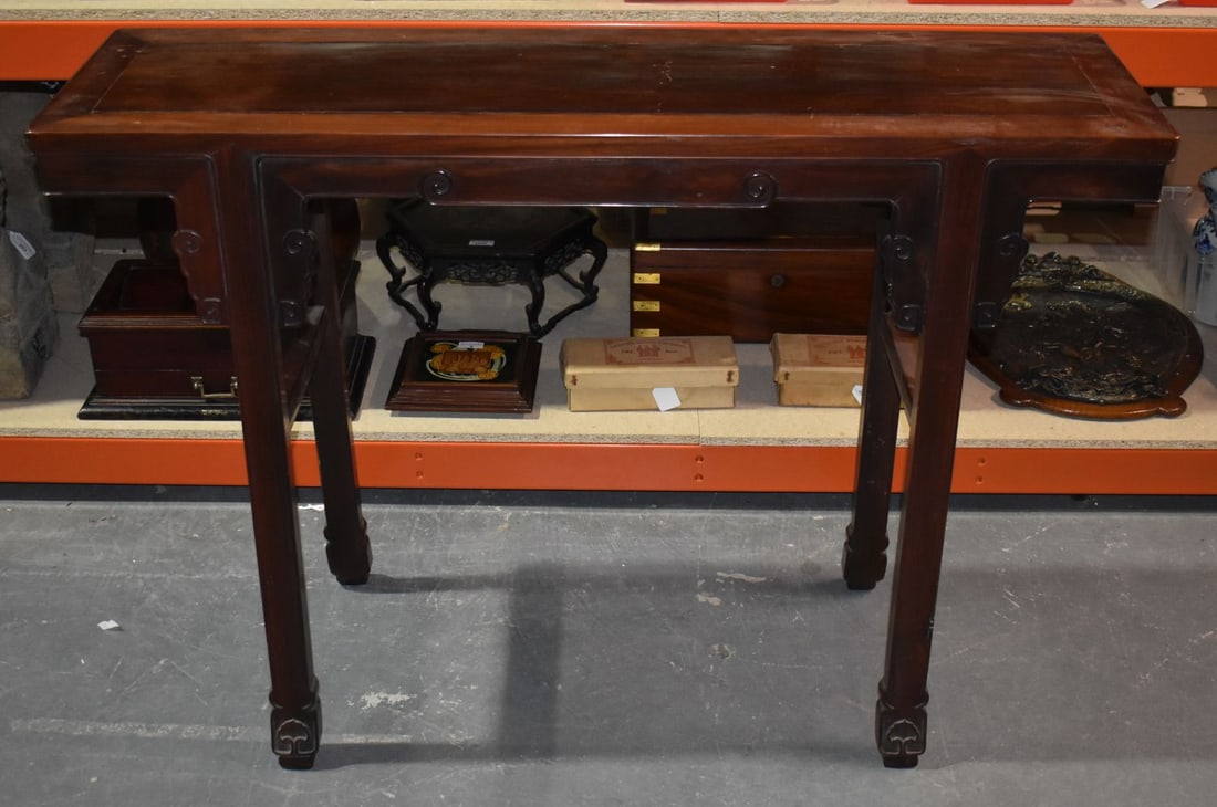 A LATE 19TH CENTURY CHINESE CARVED HARDWOOD & HUANGHUALI TABLE Late Qing. 110 cm x 75 cm x 33 cm. (1 of 11)