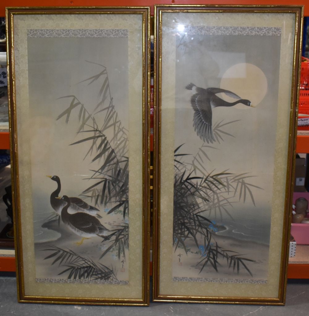 A PAIR OF EARLY 20TH CENTURY JAPANESE MEIJI PERIOD BIRD WATERCOLOURS. 130 cm x 52 cm. (1 of 6)