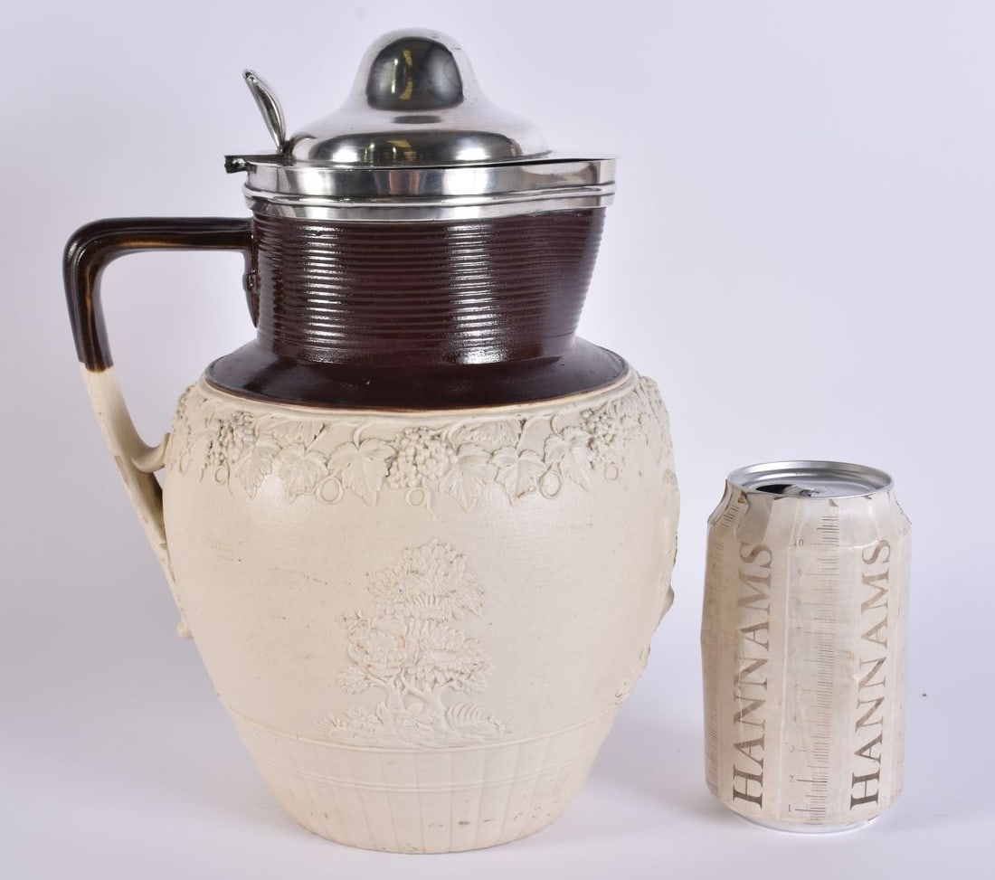 A LARGE 18TH/19TH CENTURY ENGLISH SILVER MOUNTED STONEWARE JUG possibly Mortlake, decorated with a j (1 of 9)