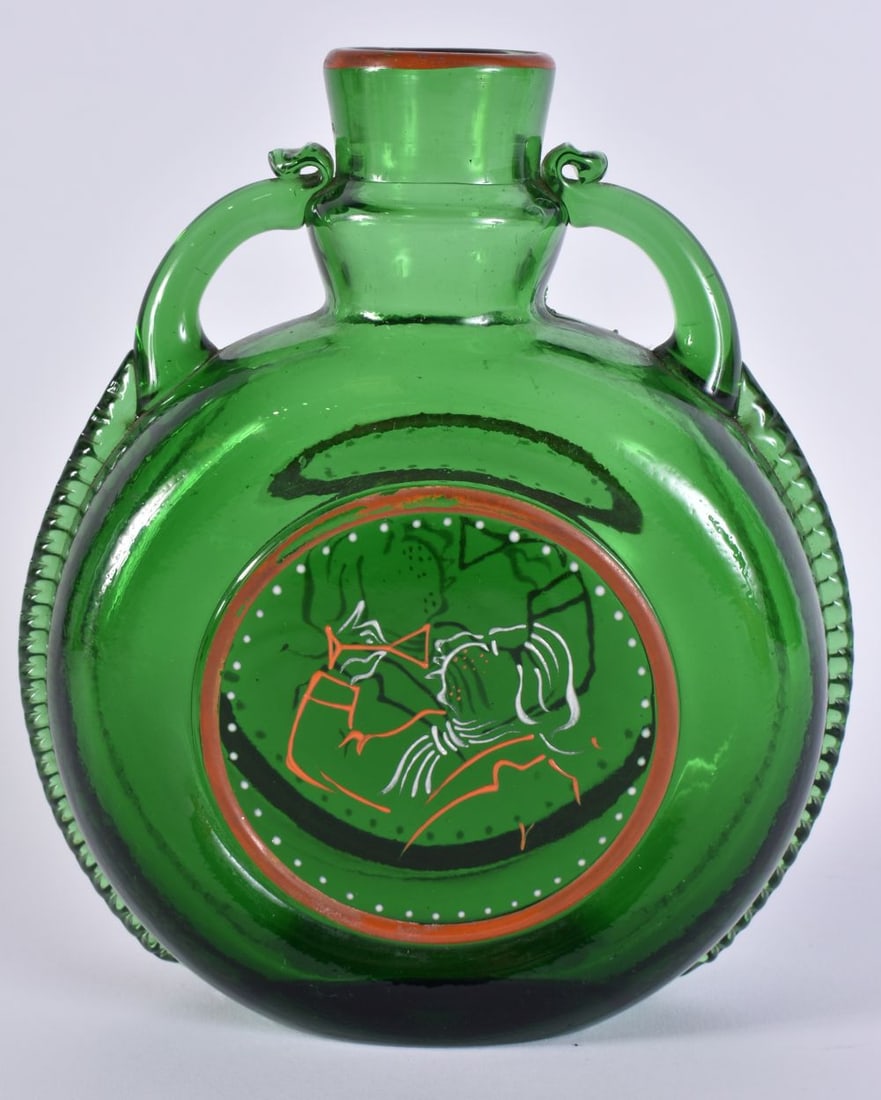 AN UNUSUAL TWIN HANDLED GREEN AND ENAMELLED GLASS DECANTER. 18 cm x 13 cm. (1 of 5)