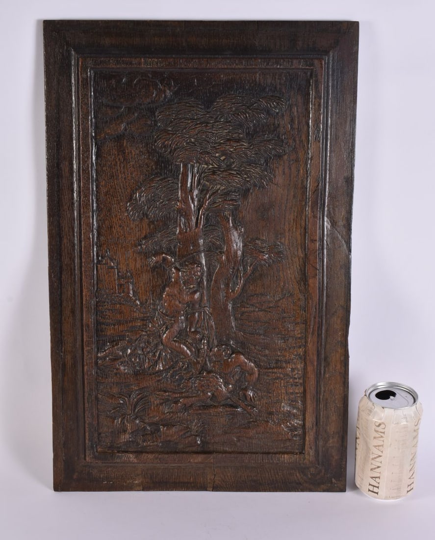 A LARGE ANTIQUE CARVED WOOD PANEL formed with a classical Greek scene. 48 cm x 28 cm. (1 of 9)