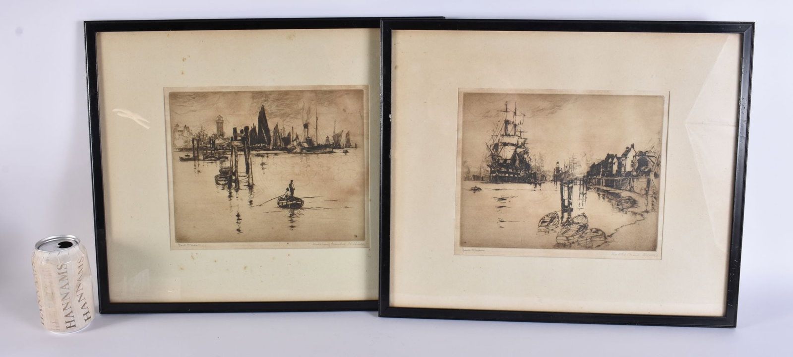 Frank Henry Mason (1875-1965) Pair, Etchings, Harbour scenes. 45 cm x 38 cm, each engraving 25.5 cm (1 of 6)