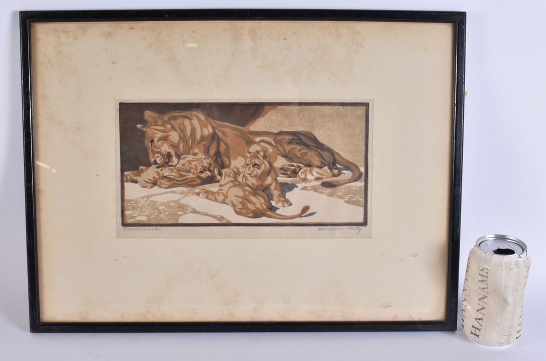 European School (Early 20th Century) Watercolour, Lions, pencil signed. 48 cm x 38 cm, image 27 cm x (1 of 6)