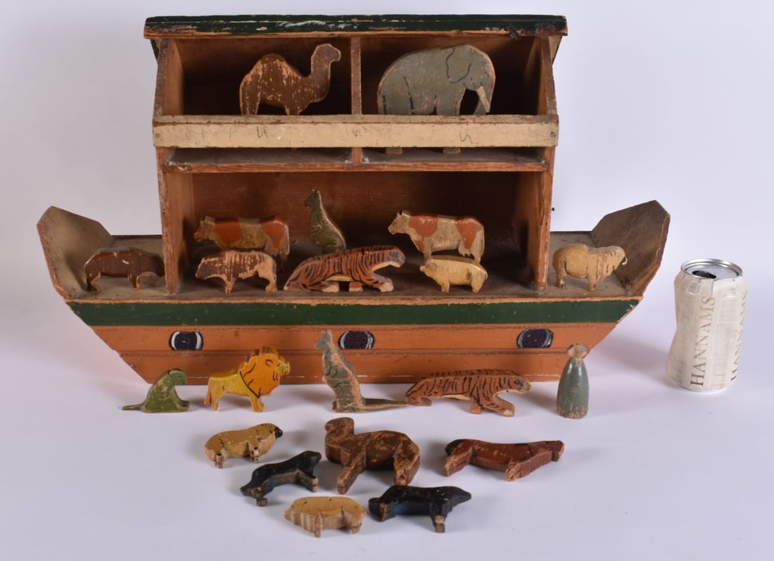 A LORD ROBERTS WORKSHOP CARVED AND PAINTED WOOD NOAH'S ARK with animals. Boat 54 cm x 28 cm. Note: F (1 of 8)