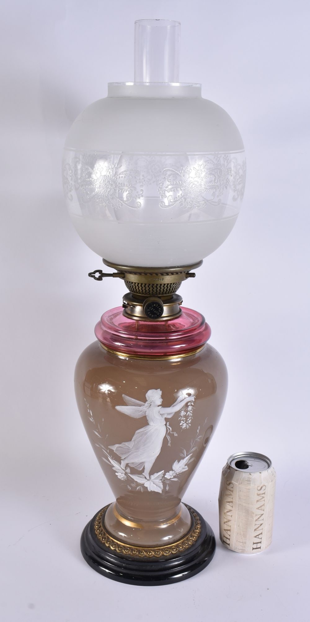 A VICTORIAN PATE SUR PATE ENAMELLED OIL LAMP painted with a fairy holding a floral wreath. 58 cm hig (1 of 5)