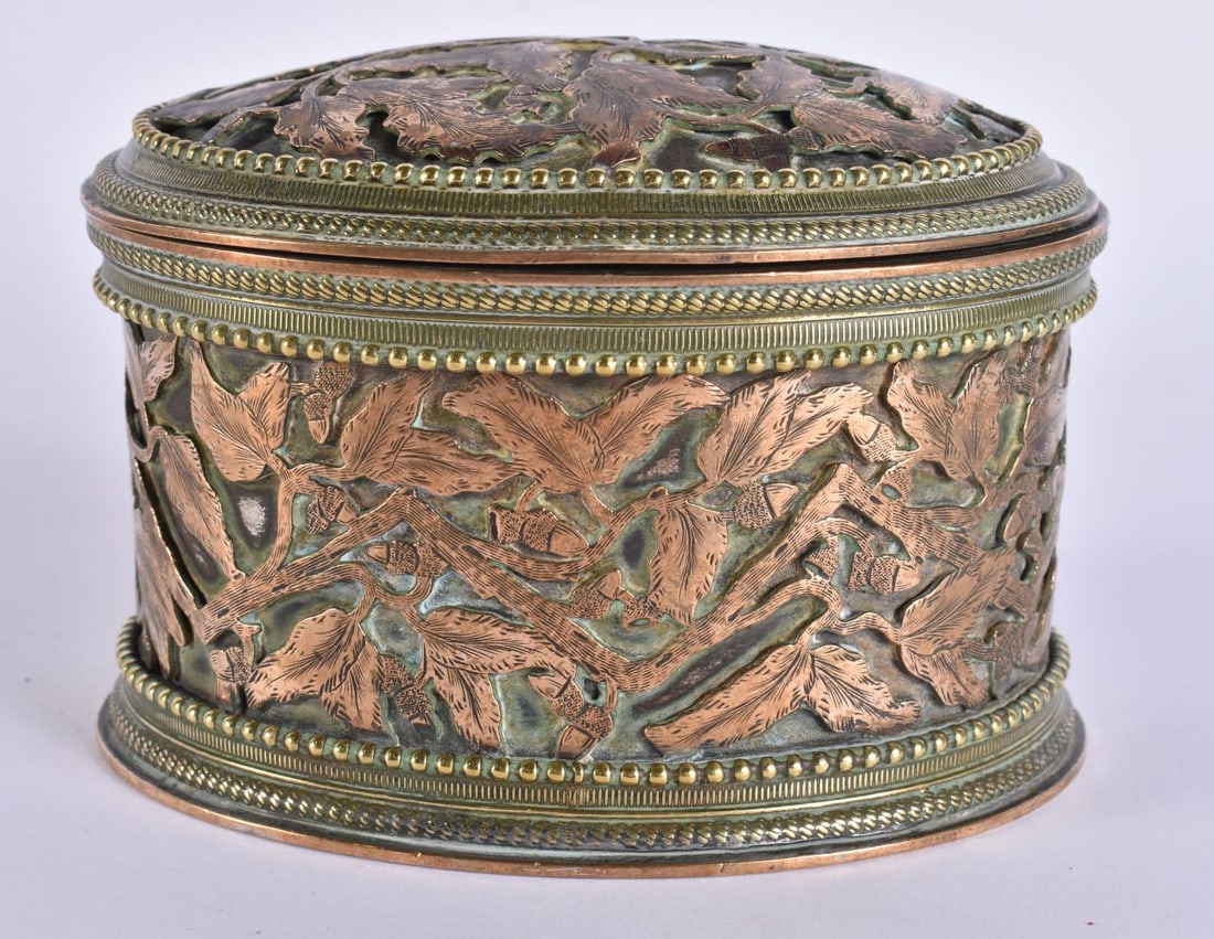 A FINE MID 19TH CENTURY ENGLISH MIXED METAL RETICULATED FOLIAGE JEWELLERY CASKET. 12 cm x 9 cm. (1 of 5)