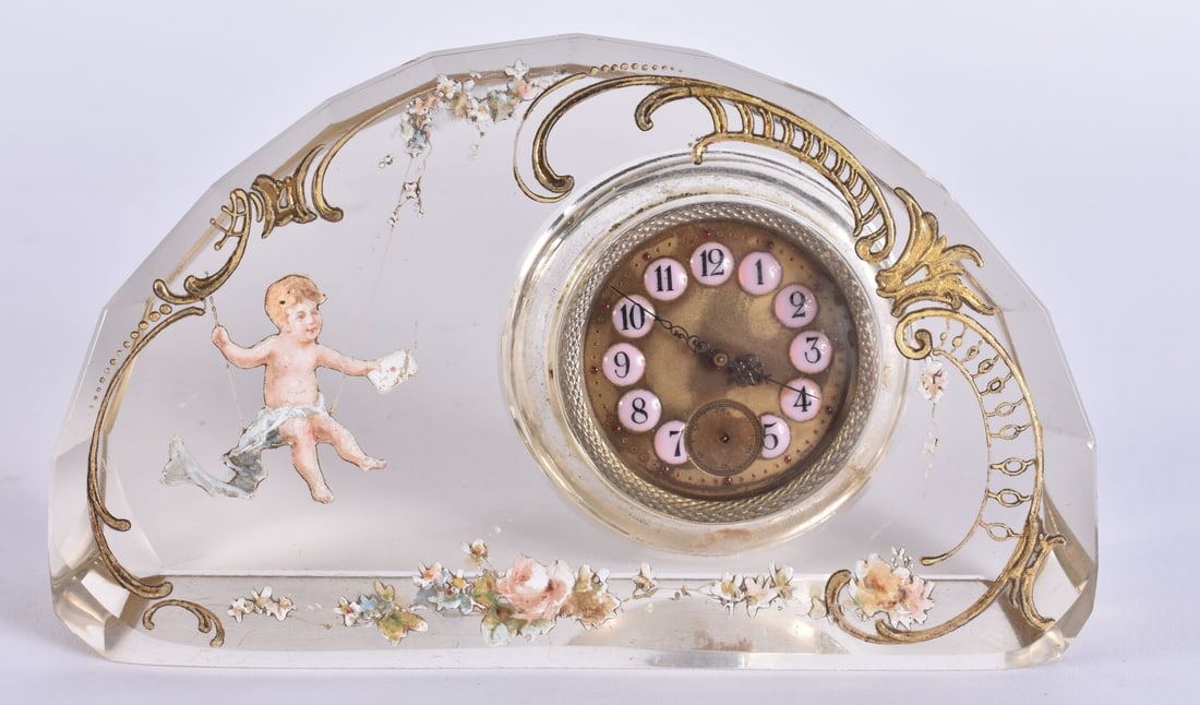 AN UNUSUAL EARLY 20TH CENTURY FRENCH ENAMELLED GLASS CLOCK painted with a putti upon a swing. 13.5 c (1 of 5)