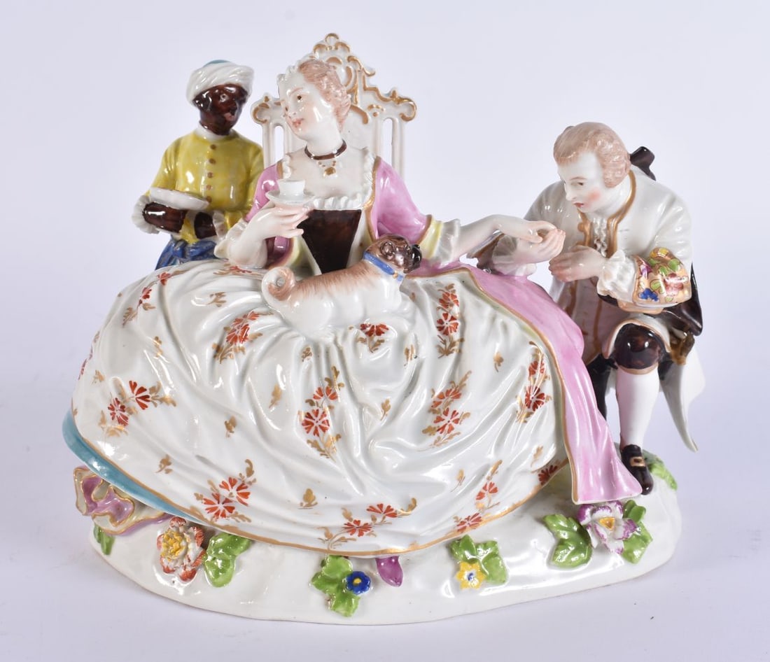 AN UNUSUAL ANTIQUE GERMAN PORCELAIN FIGURAL GROUP possibly Meissen, modelled as a female, male and s (1 of 13)