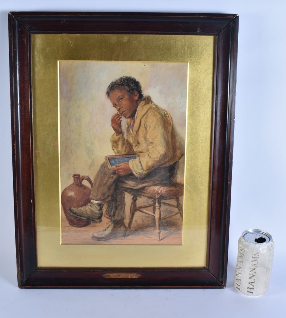 European School (19th Century) Watercolour, boy with a black board. 50 cm x 38 cm, image 34 cm x 24 (1 of 7)