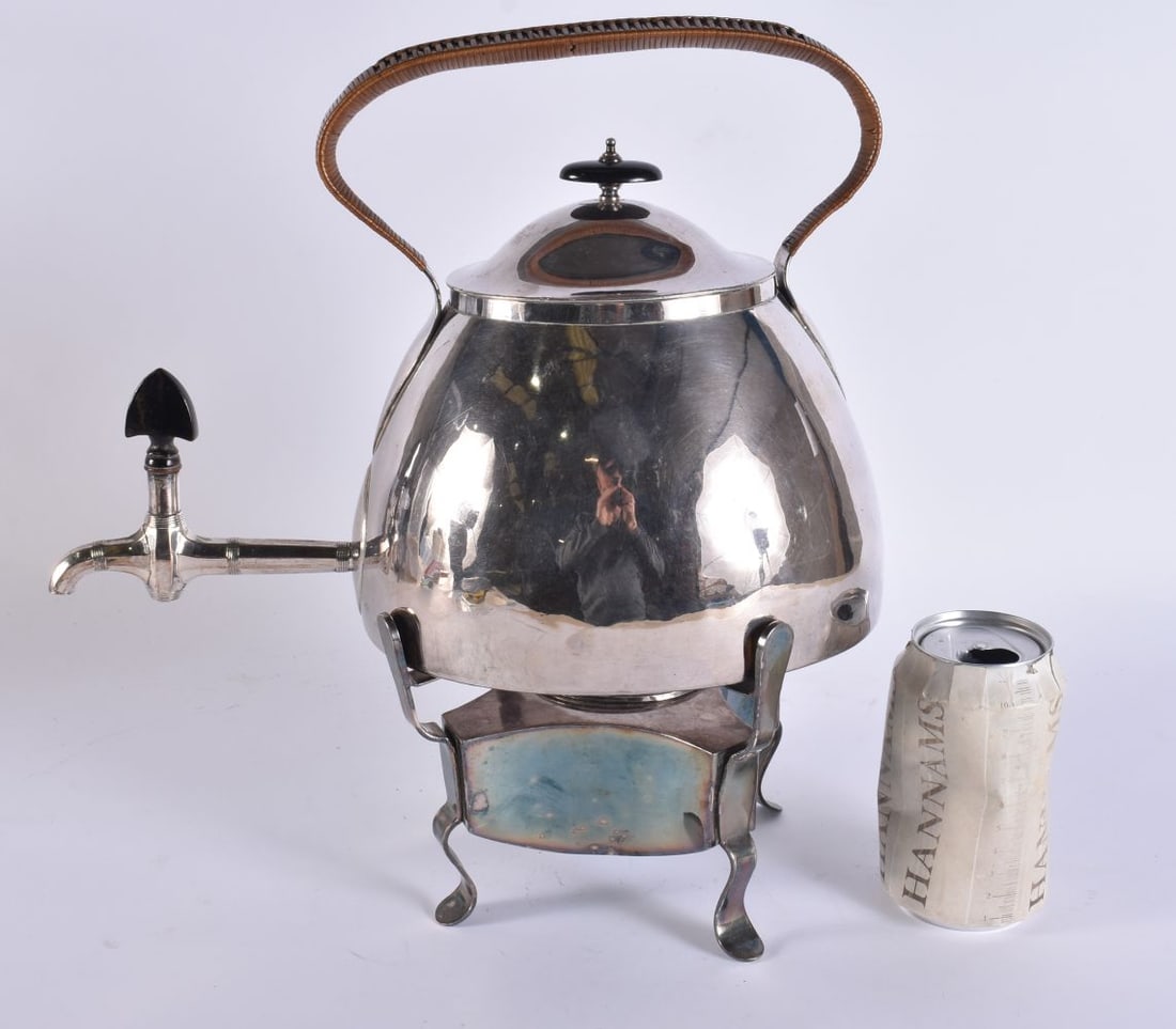 AN ARTS DECO SILVER PLATED SPIRIT BURNING TEAPOT AND COVER. 35 cm x 28 cm. (1 of 6)