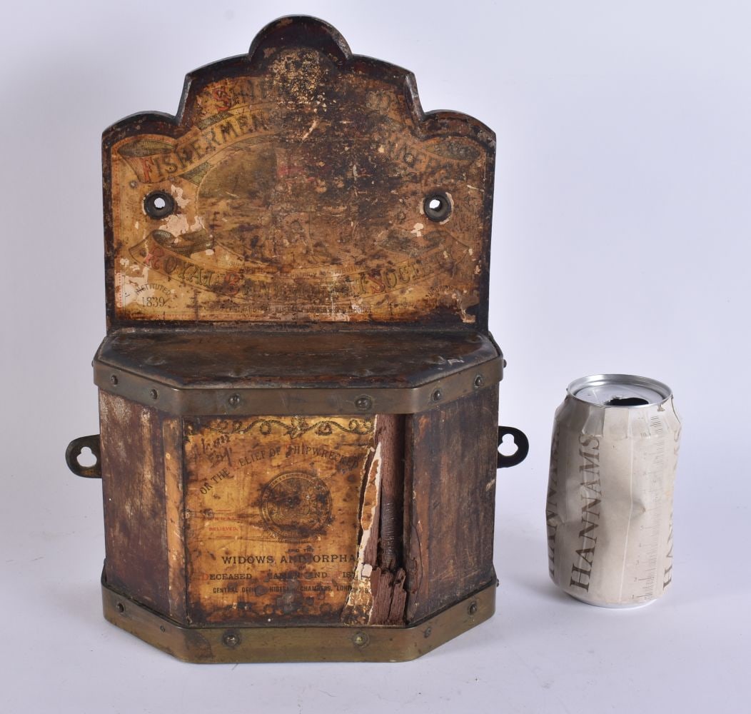 A RARE ANTIQUE MARITIME INTEREST SHIPWRECKED FISHERMAN'S COLLECTION BOX. 32 cm x 26 cm. (1 of 6)