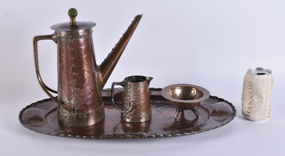 A LOVELY ARTS AND CRAFTS RIVETTED COPPER COFFEE SET ON TRAY. Largest 47 cm wide. (4): A LOVELY ARTS AND CRAFTS RIVETTED COPPER COFFEE SET ON TRAY. Largest 47 cm wide. (4)